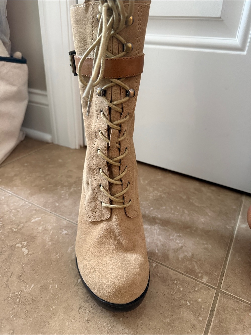 Guess Tan Suede Lace-Up Heeled Ankle Boots with Buckle Strap - Picture 2 of 7